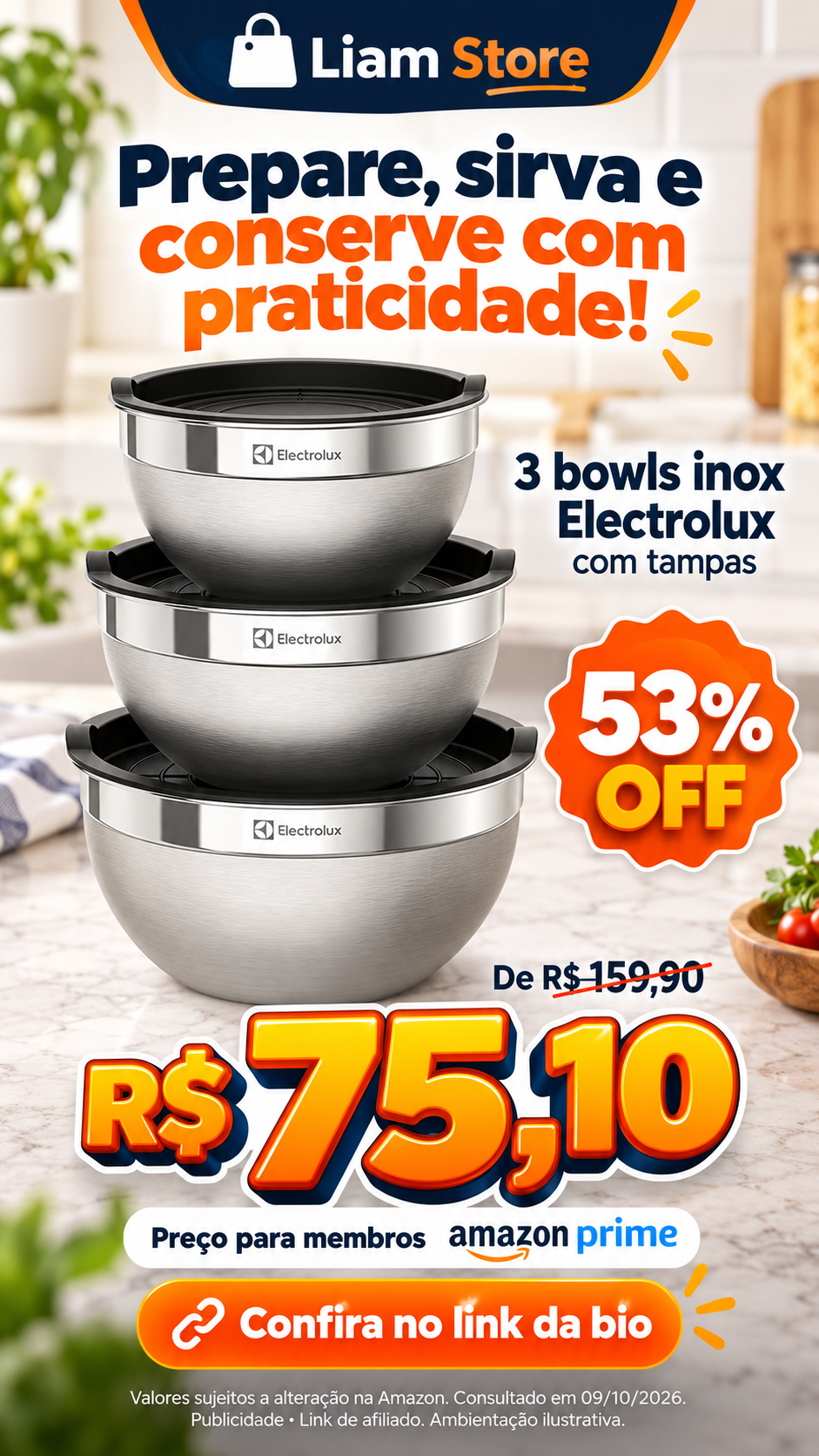 Conjunto de 3 bowls inox com tampas Electrolux